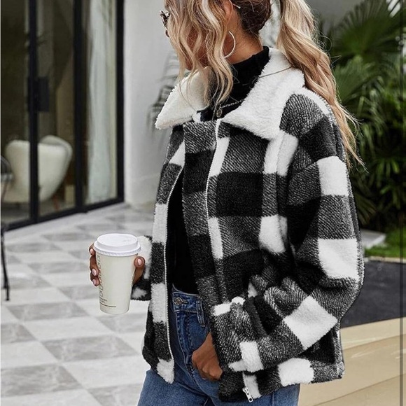 Jackets & Blazers - Women's Winter Faux Fur Coats Long Sleeve plaid Button Down Pockets Fleece Sherp